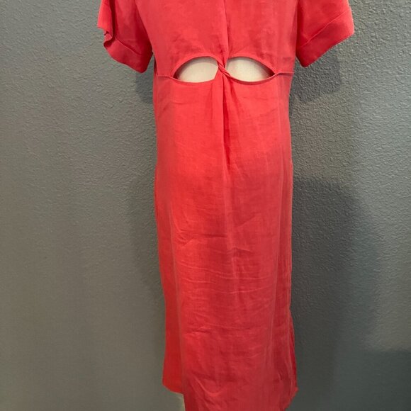 MAJE CUTOUT TWISTED BACK 100% LINEN MIDI BUTTON UP SHIRT DRESS in HIBISCUS  - 38 - Picture 12 of 15